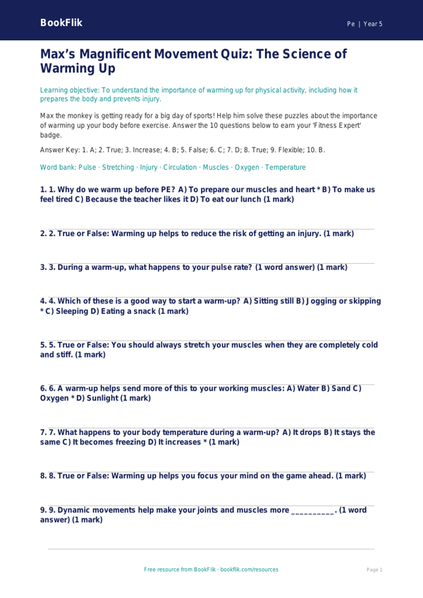 Free Year 5 Warm Up Quiz | Core Skills Worksheet | BookFlik worksheet preview — Pe Warm Up