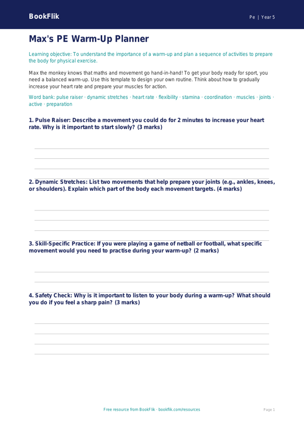 Free Warm Up Template | Year 5 Core | BookFlik worksheet preview — Pe Warm Up