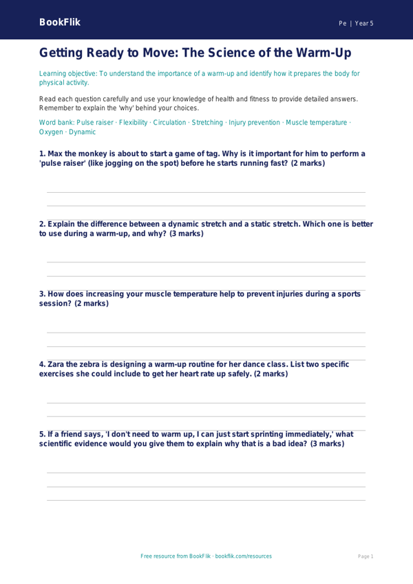 Free Warm Up Worksheet | Year 5 Core | BookFlik worksheet preview — Pe Warm Up