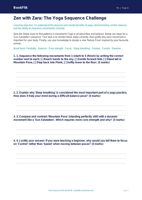 Free Yoga Activity Sheet | Year 4 Greater Depth | BookFlik worksheet preview — Pe Yoga