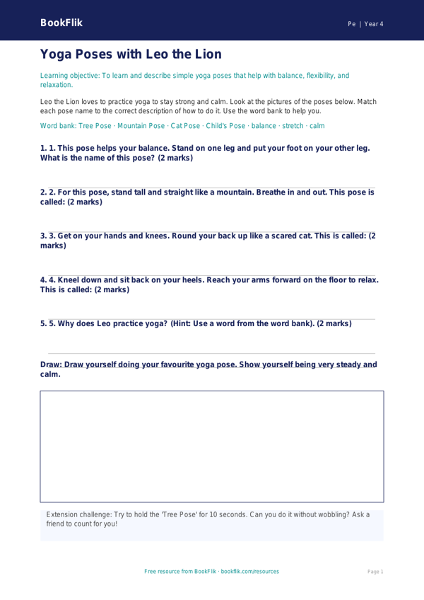 Free Yoga Activity Sheet | Year 4 Supported | BookFlik worksheet preview — Pe Yoga
