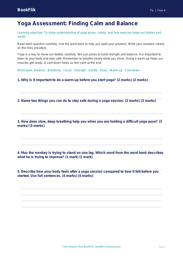 Free Yoga Assessment | Year 4 Supported | BookFlik worksheet preview — Pe Yoga
