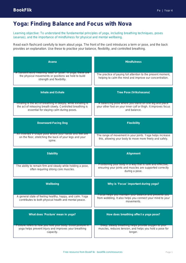 Free Yoga Flashcards | Year 4 Greater Depth | BookFlik worksheet preview — Pe Yoga