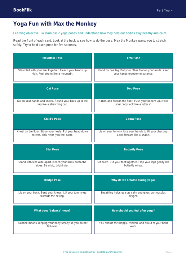 Free Yoga Flashcards | Year 4 Supported | BookFlik worksheet preview — Pe Yoga