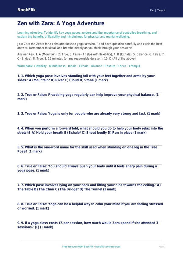 Free Yoga Quiz | Year 4 Greater Depth | BookFlik worksheet preview — Pe Yoga
