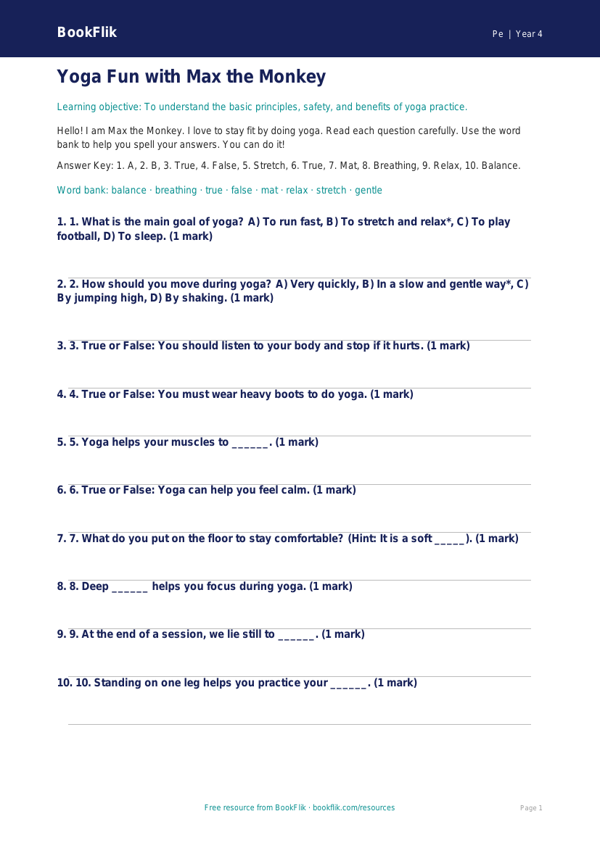 Free Yoga Quiz | Year 4 Supported | BookFlik worksheet preview — Pe Yoga
