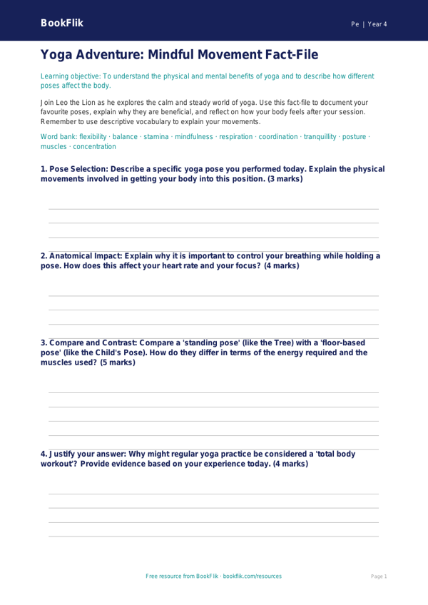 Free Yoga Template | Year 4 Greater Depth | BookFlik worksheet preview — Pe Yoga