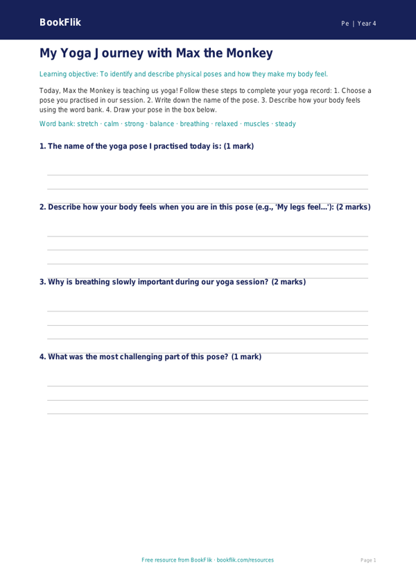 Free Yoga Template | Year 4 Supported | BookFlik worksheet preview — Pe Yoga