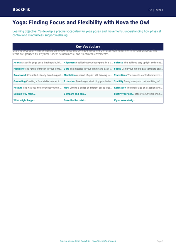 Free Yoga Word Mat | Year 4 Greater Depth | BookFlik worksheet preview — Pe Yoga