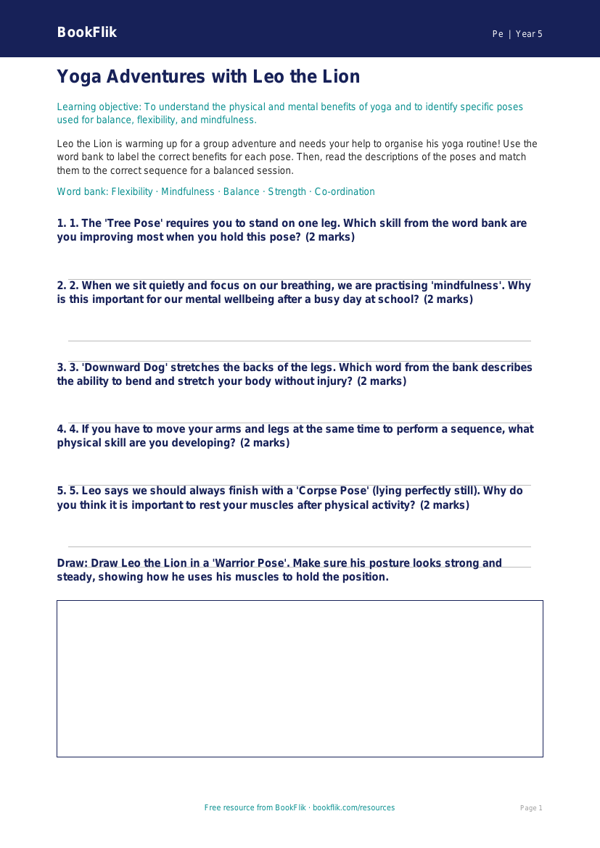 Free Yoga Activity Sheet | Year 5 Core | BookFlik worksheet preview — Pe Yoga