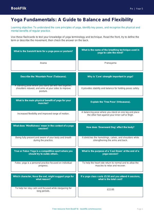 Free Yoga Flashcards | Year 5 Core | BookFlik worksheet preview — Pe Yoga