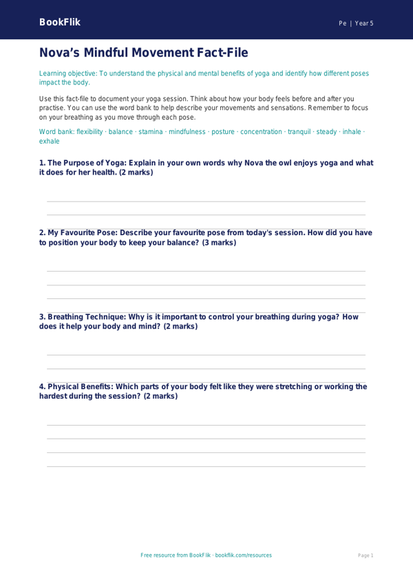 Free Yoga Template | Year 5 Core | BookFlik worksheet preview — Pe Yoga