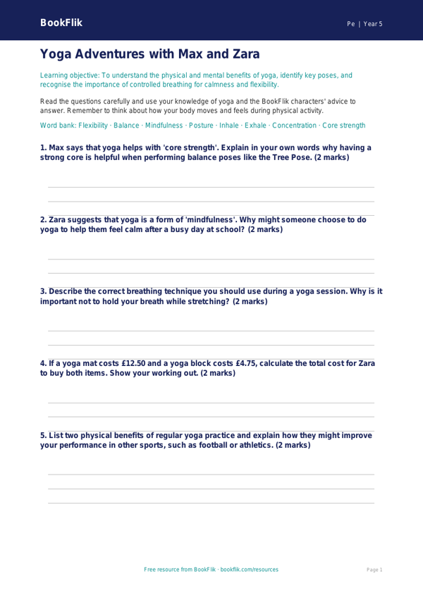 Free Yoga Worksheet | Year 5 Core | BookFlik worksheet preview — Pe Yoga