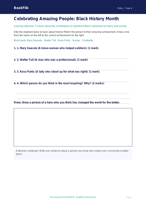 Free Black History Month Activity Sheet | Year 4 Supported | BookFlik worksheet preview — Pshe Black History Month