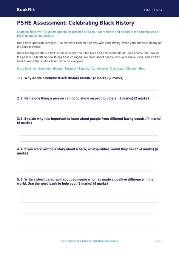Free Black History Month Assessment | Year 4 Supported | BookFlik worksheet preview — Pshe Black History Month