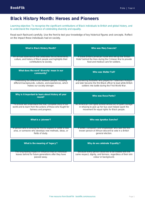 Free Black History Month Flashcards | Year 4 Greater Depth | BookFlik worksheet preview — Pshe Black History Month