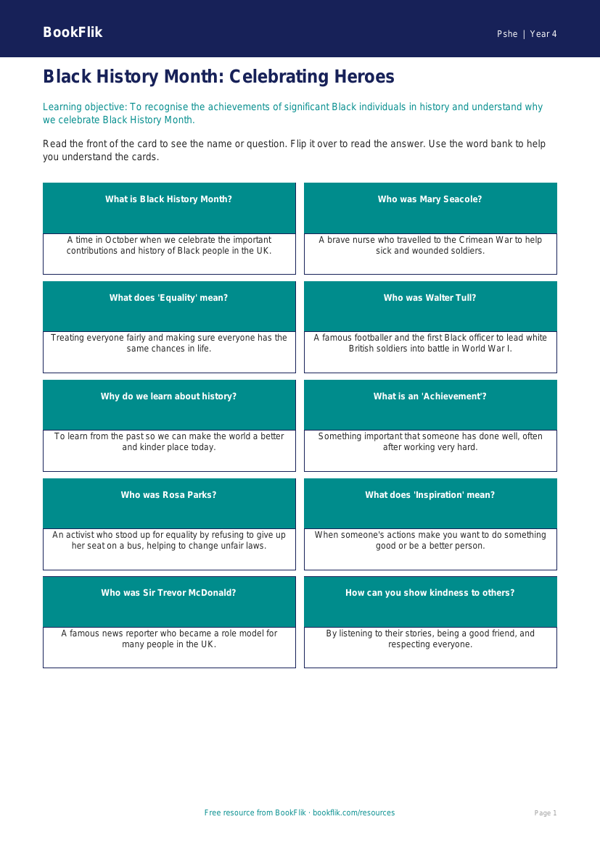 Free Black History Month Flashcards | Year 4 Supported | BookFlik worksheet preview — Pshe Black History Month