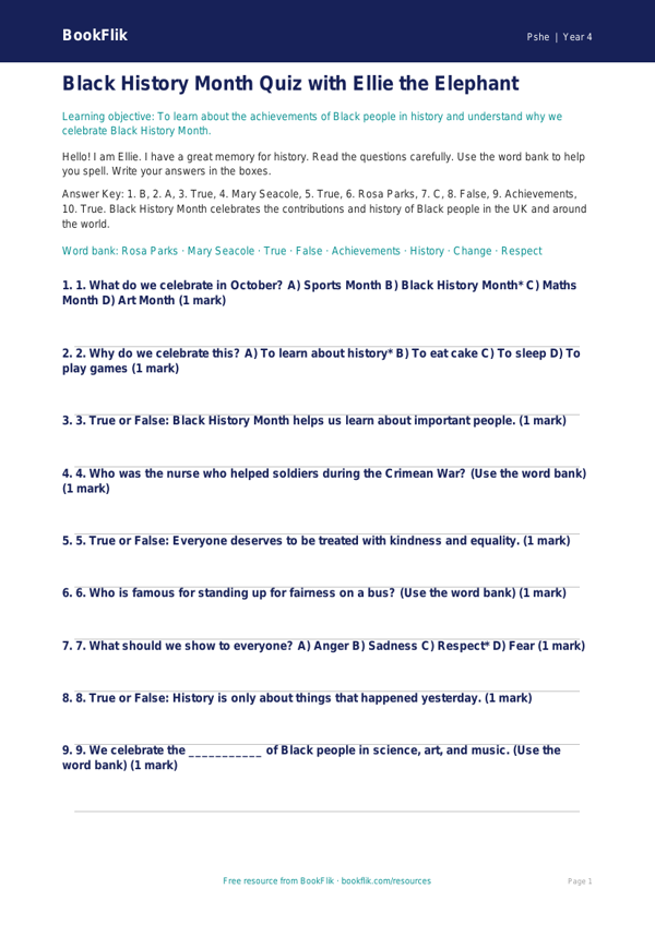 Free Black History Month Quiz | Year 4 Supported | BookFlik worksheet preview — Pshe Black History Month