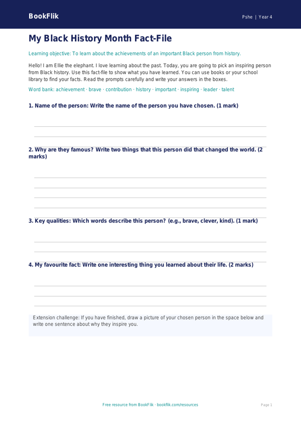 Free Black History Month Template | Year 4 Supported | BookFlik worksheet preview — Pshe Black History Month