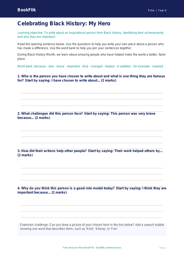Free Black History Month Writing Frame | Year 4 Supported | BookFlik worksheet preview — Pshe Black History Month