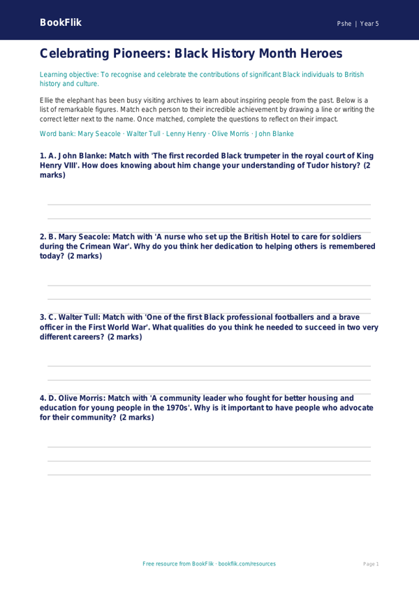 Free Black History Month Activity Sheet | Year 5 Core | BookFlik worksheet preview — Pshe Black History Month