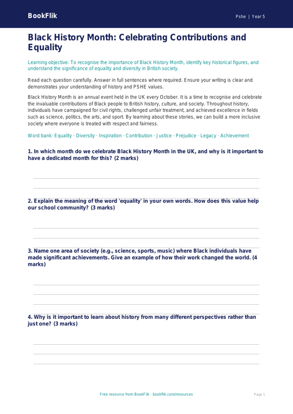 Free Black History Month Assessment | Year 5 Core | BookFlik worksheet preview — Pshe Black History Month