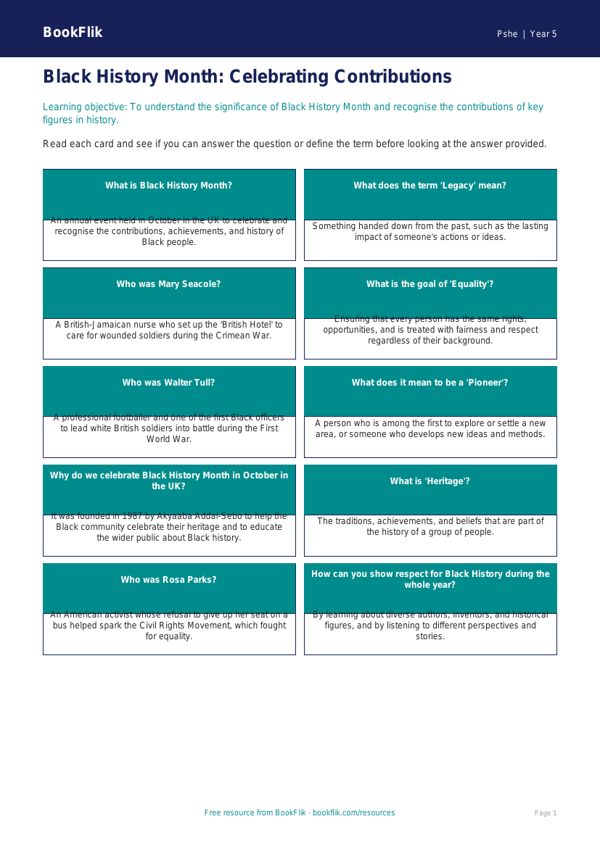 Free Black History Month Flashcards | Year 5 Core | BookFlik worksheet preview — Pshe Black History Month