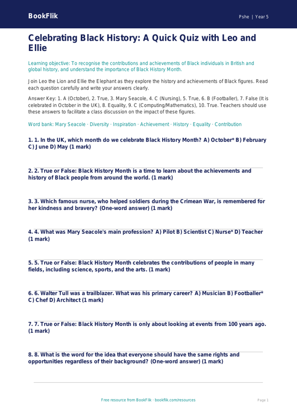 Free Black History Month Quiz | Year 5 Core | BookFlik worksheet preview — Pshe Black History Month