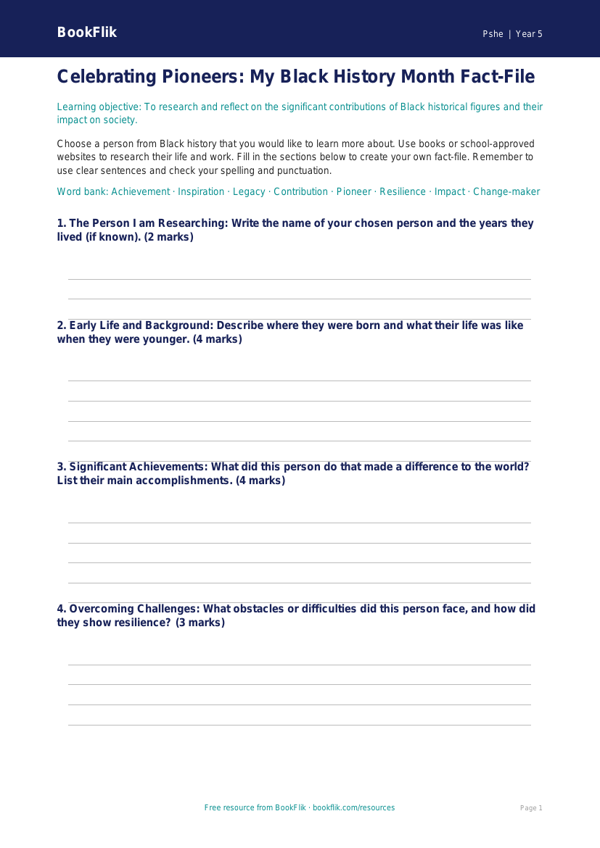 Free Black History Month Template | Year 5 Core | BookFlik worksheet preview — Pshe Black History Month