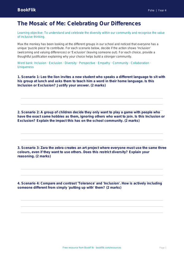 Free Diversity And Inclusion Activity Sheet | Year 4 Greater Depth | BookFlik worksheet preview — Pshe Diversity And Inclusion