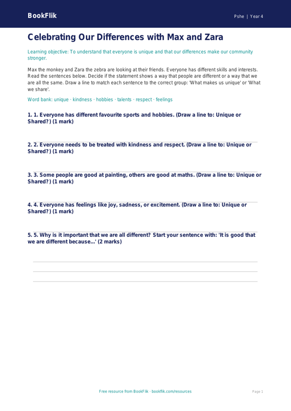 Free Diversity And Inclusion Activity Sheet | Year 4 Supported | BookFlik worksheet preview — Pshe Diversity And Inclusion