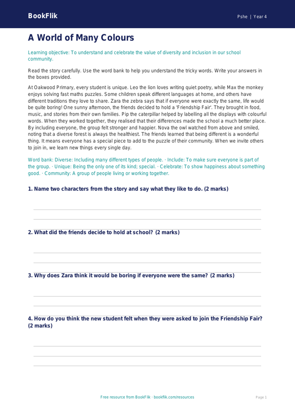 Free Diversity And Inclusion Comprehension | Year 4 Supported | BookFlik worksheet preview — Pshe Diversity And Inclusion