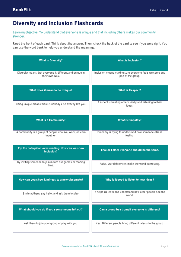 Free Diversity And Inclusion Flashcards | Year 4 Supported | BookFlik worksheet preview — Pshe Diversity And Inclusion
