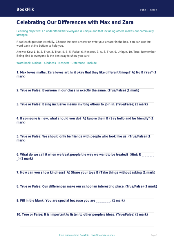 Free Diversity And Inclusion Quiz | Year 4 Supported | BookFlik worksheet preview — Pshe Diversity And Inclusion