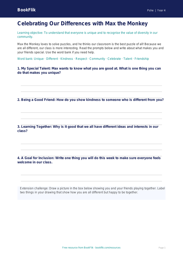 Free Diversity And Inclusion Template | Year 4 Supported | BookFlik worksheet preview — Pshe Diversity And Inclusion
