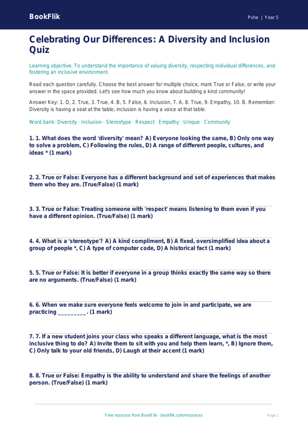 Free Diversity And Inclusion Quiz | Year 5 Core | BookFlik worksheet preview — Pshe Diversity And Inclusion