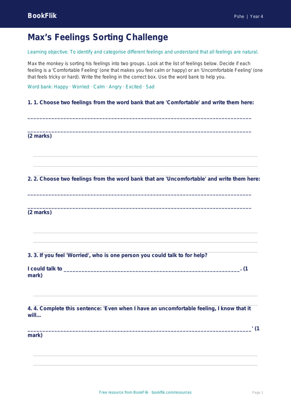 Free Feelings Activity Sheet | Year 4 Supported | BookFlik worksheet preview — Pshe Feelings