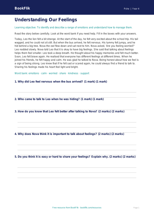 Free Feelings Comprehension | Year 4 Supported | BookFlik worksheet preview — Pshe Feelings