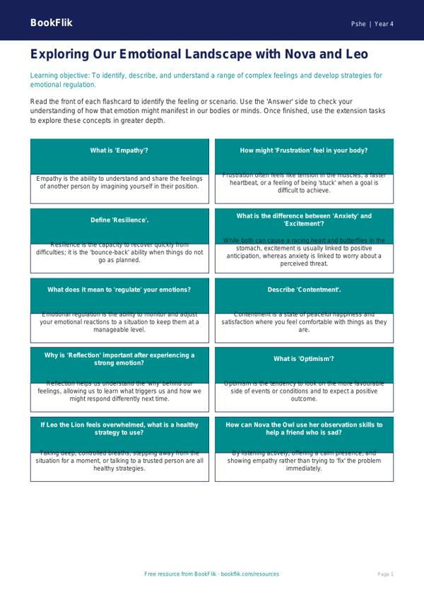 Free Feelings Flashcards | Year 4 Greater Depth | BookFlik worksheet preview — Pshe Feelings