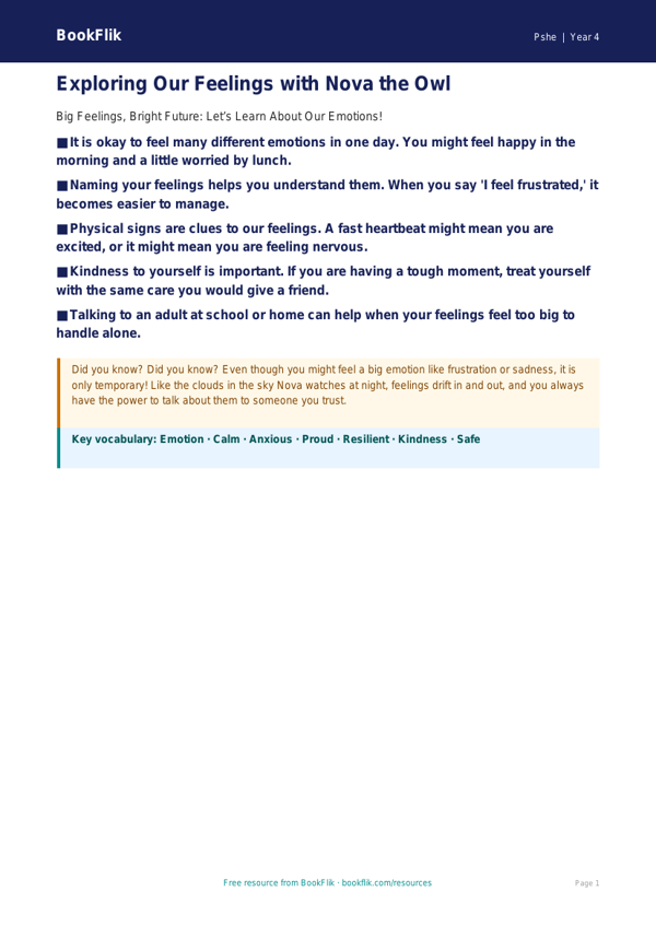 Free Feelings Poster | Year 4 Supported | BookFlik worksheet preview — Pshe Feelings