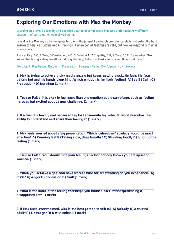 Free Feelings Quiz | Year 4 Greater Depth | BookFlik worksheet preview — Pshe Feelings