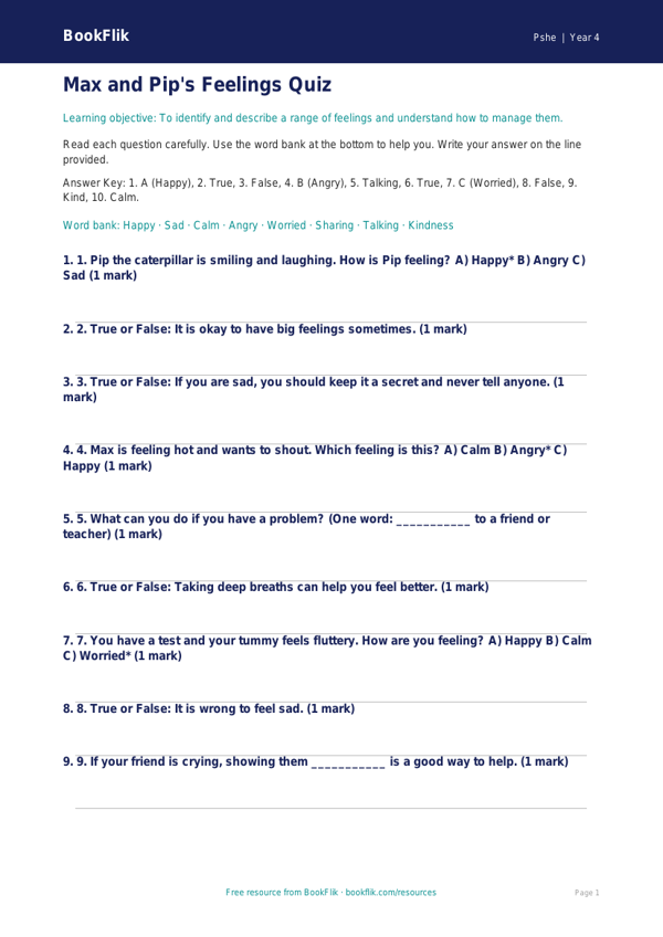 Free Feelings Quiz | Year 4 Supported | BookFlik worksheet preview — Pshe Feelings