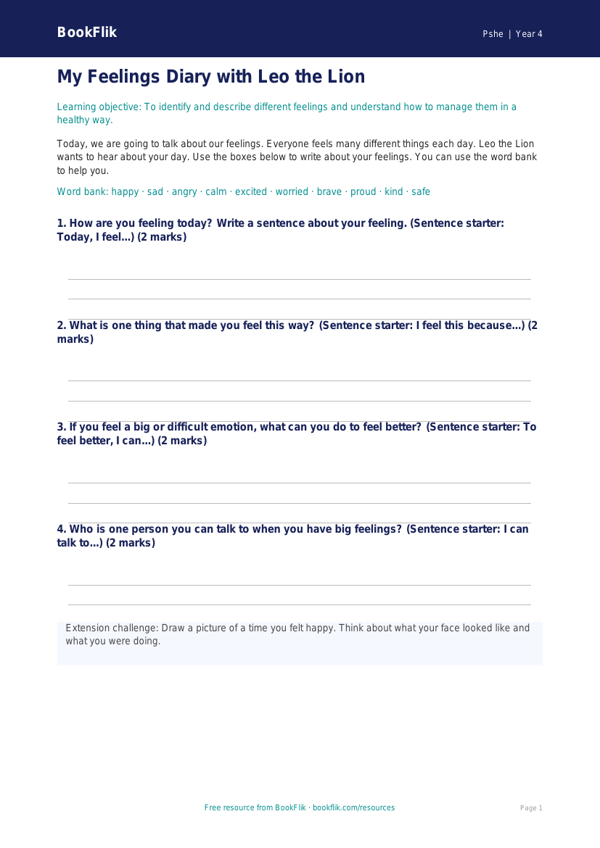 Free Feelings Template | Year 4 Supported | BookFlik worksheet preview — Pshe Feelings