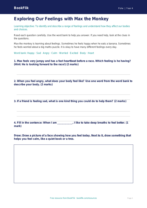 Free Feelings Worksheet | Year 4 Supported | BookFlik worksheet preview — Pshe Feelings
