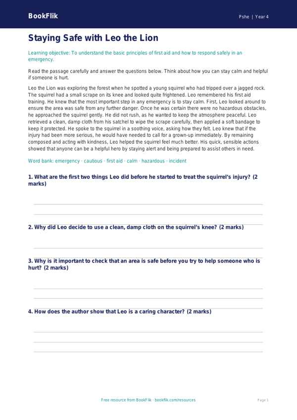 Free First Aid Comprehension | Year 4 Greater Depth | BookFlik worksheet preview — Pshe First Aid