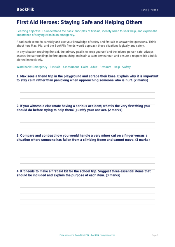 Free First Aid Worksheet | Year 4 Greater Depth | BookFlik worksheet preview — Pshe First Aid