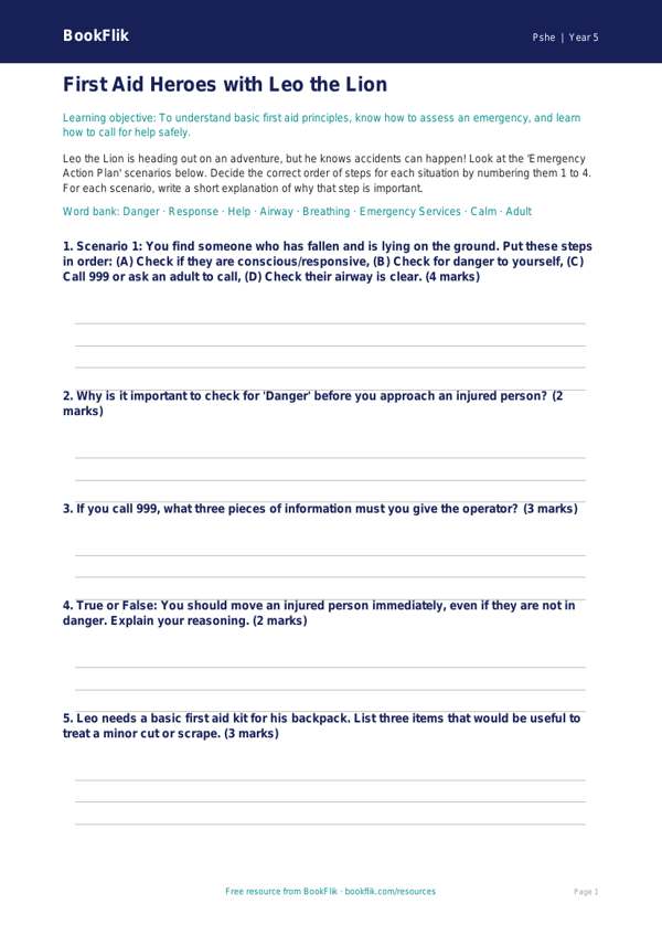 Free First Aid Activity Sheet | Year 5 Core | BookFlik worksheet preview — Pshe First Aid