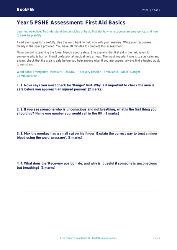Free First Aid Assessment | Year 5 Core | BookFlik worksheet preview — Pshe First Aid