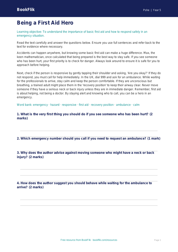 Free First Aid Comprehension | Year 5 Core | BookFlik worksheet preview — Pshe First Aid