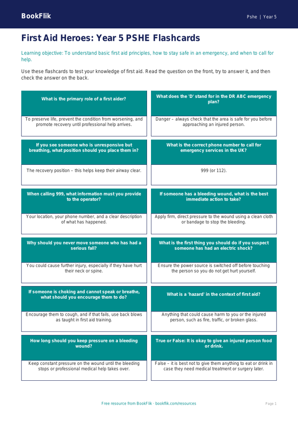 Free First Aid Flashcards | Year 5 Core | BookFlik worksheet preview — Pshe First Aid